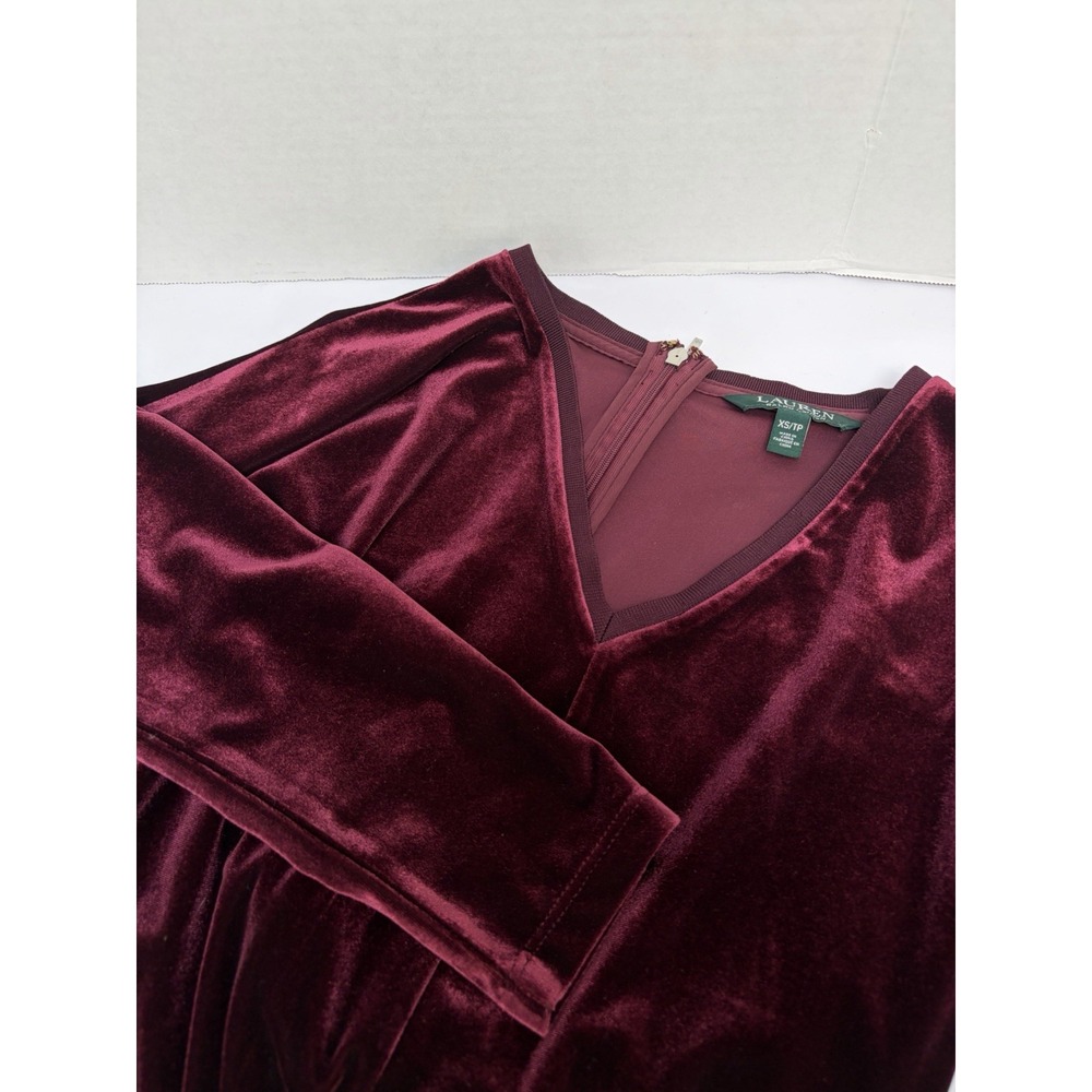 Lauren Ralph Lauren Jumpsuit Sz XS Plum Burgundy Velvet Waist Tie V-Neck Tapered